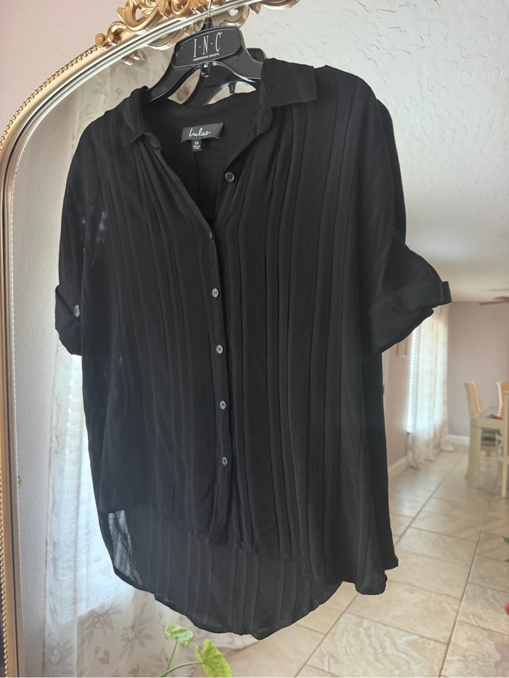 Lulu's Black Pleated Button-Down Blouse